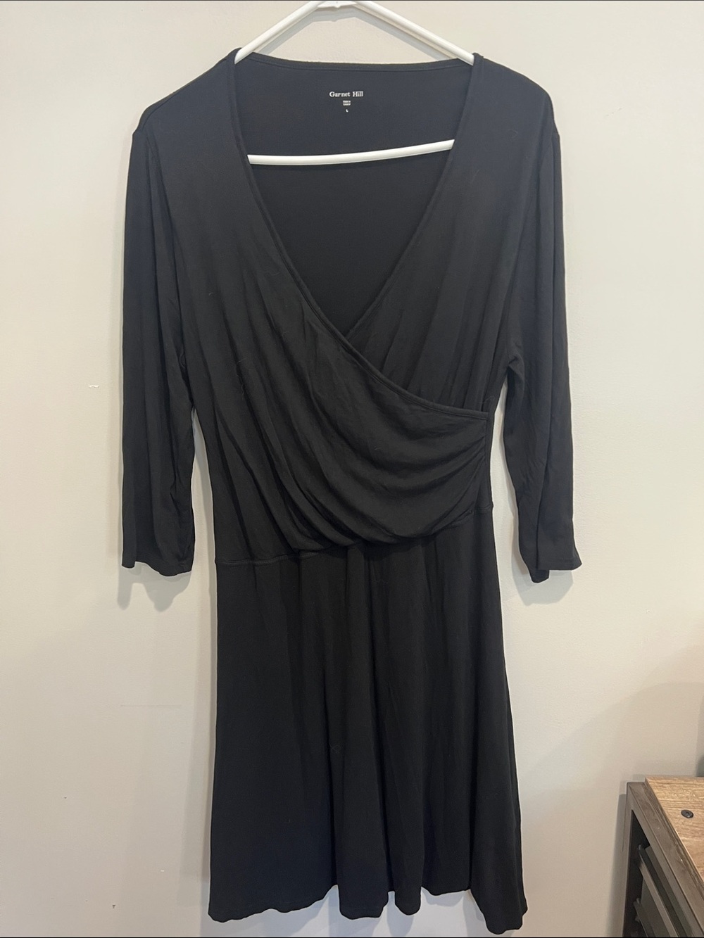 Garnet Hill Black Wrap-Style Long Sleeve Dress womens L minimalist